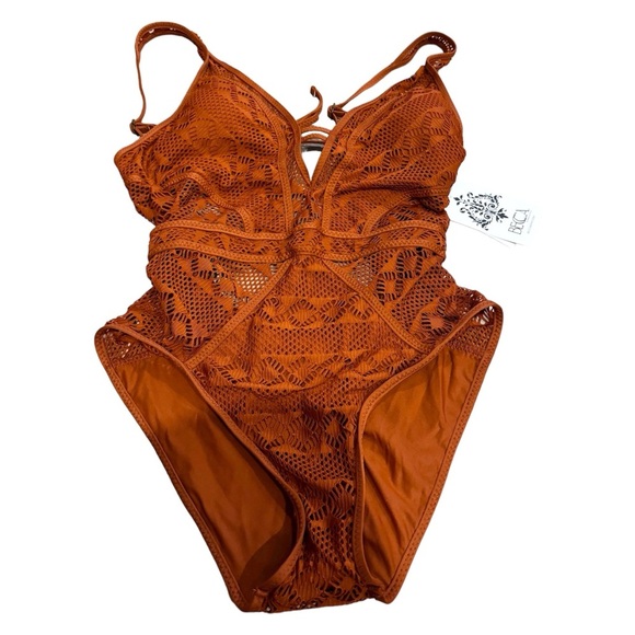 Becca Show & Tell One-Piece Swimsuit Lace Crochet Orange/rust NEW - Picture 2 of 4